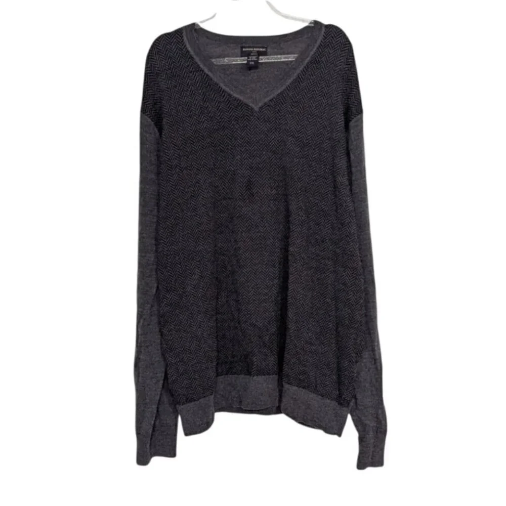 Banana Republic Merino Wool Herringbone Sweater Mens Size XXL Gray Knit V Neck